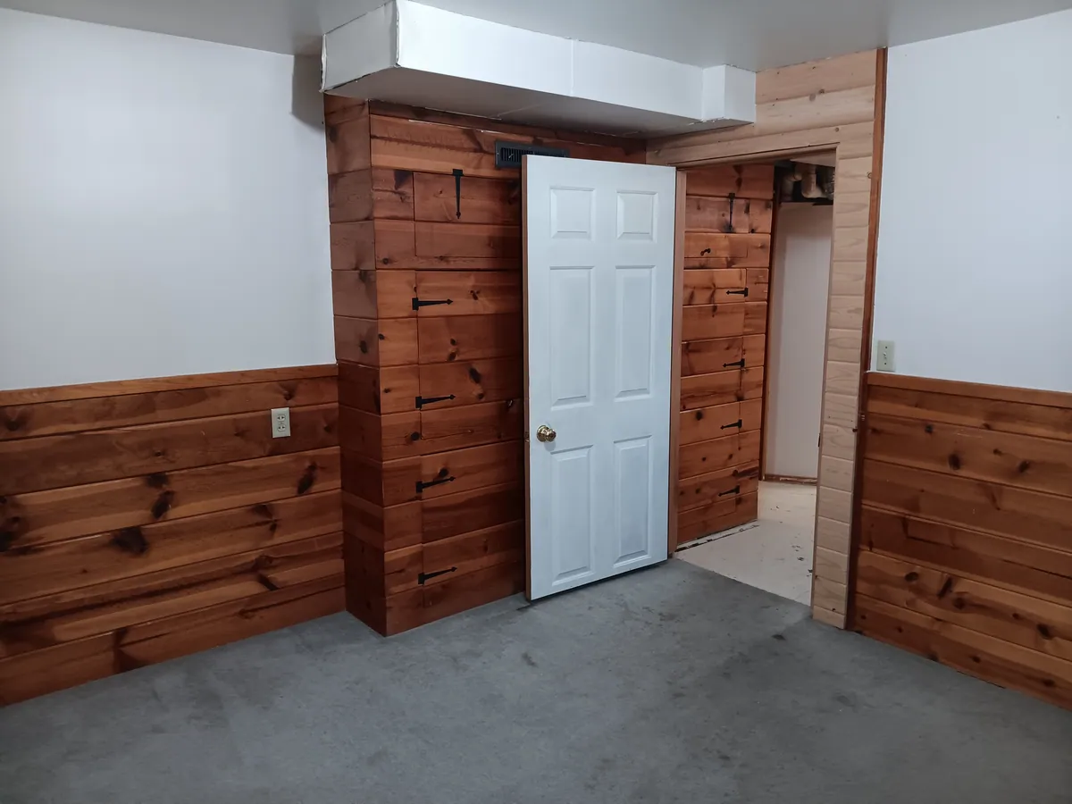 Cedar wainscot and a new white six-panel door in a basement